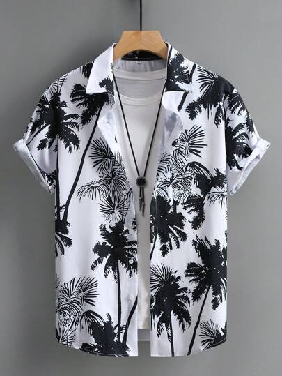 Men's Palm Tree Printed Short Sleeve Casual Shirt For Summer Vacation